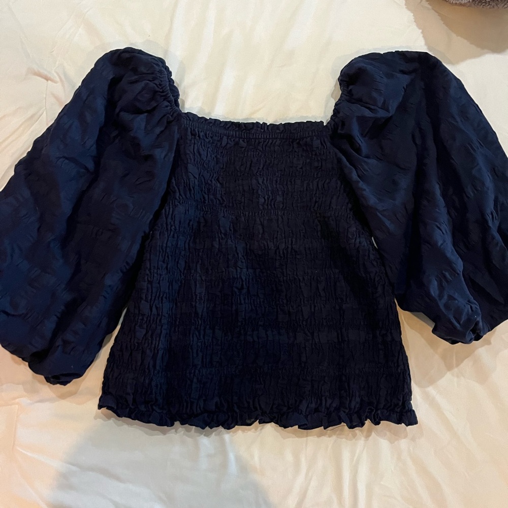 Maeve Anthropology Smocked Navy Crop Top Puff Sleeve